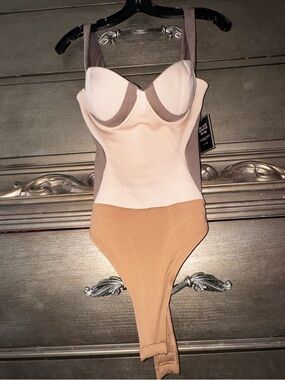 JLUXLABEL Colorblock Sculpting Bodysuit - White, Taupe & Brown